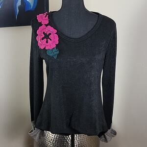 Look At Me Designs Flower Applique Wool Sweater Eco Friend Recycle Black size M